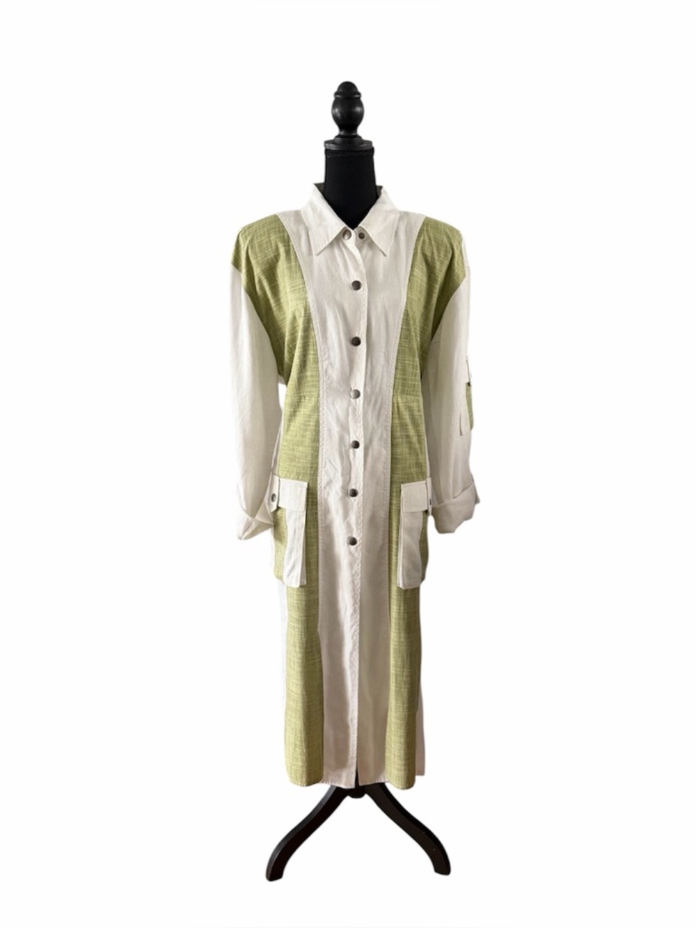 Donna Vinci Ivory and Green Linen Jacket and Top w/Flaps and Nail Heads Size 16